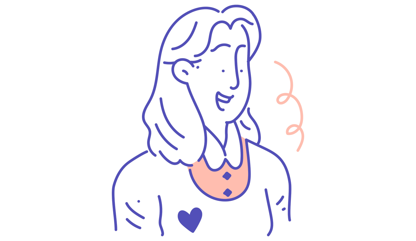 An illustration of a female therapy with a heart on her shirt, as she tells her therapist 'I love you'