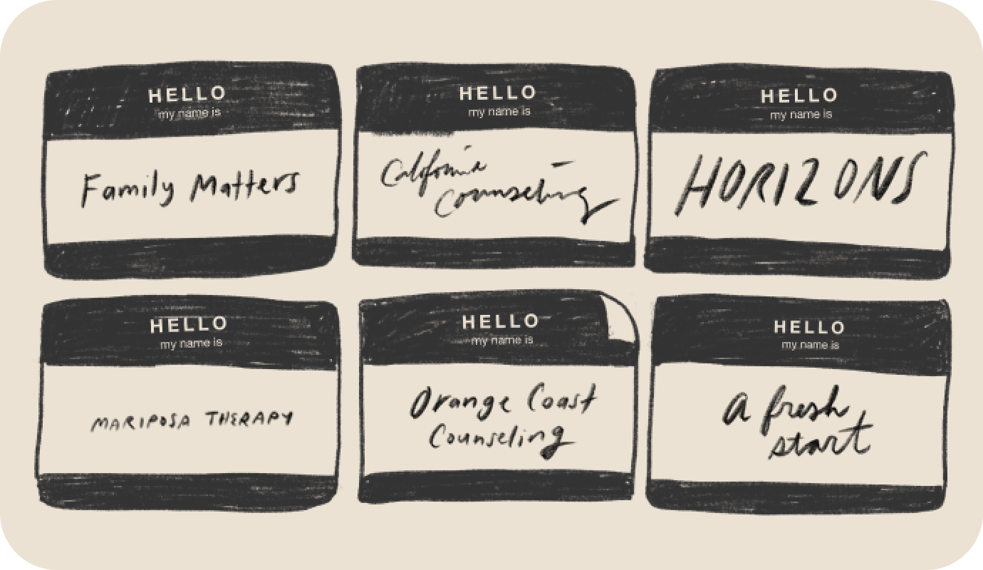 An illustration of six stickers that say Hello, my name is and list a number of different therapy private practice names