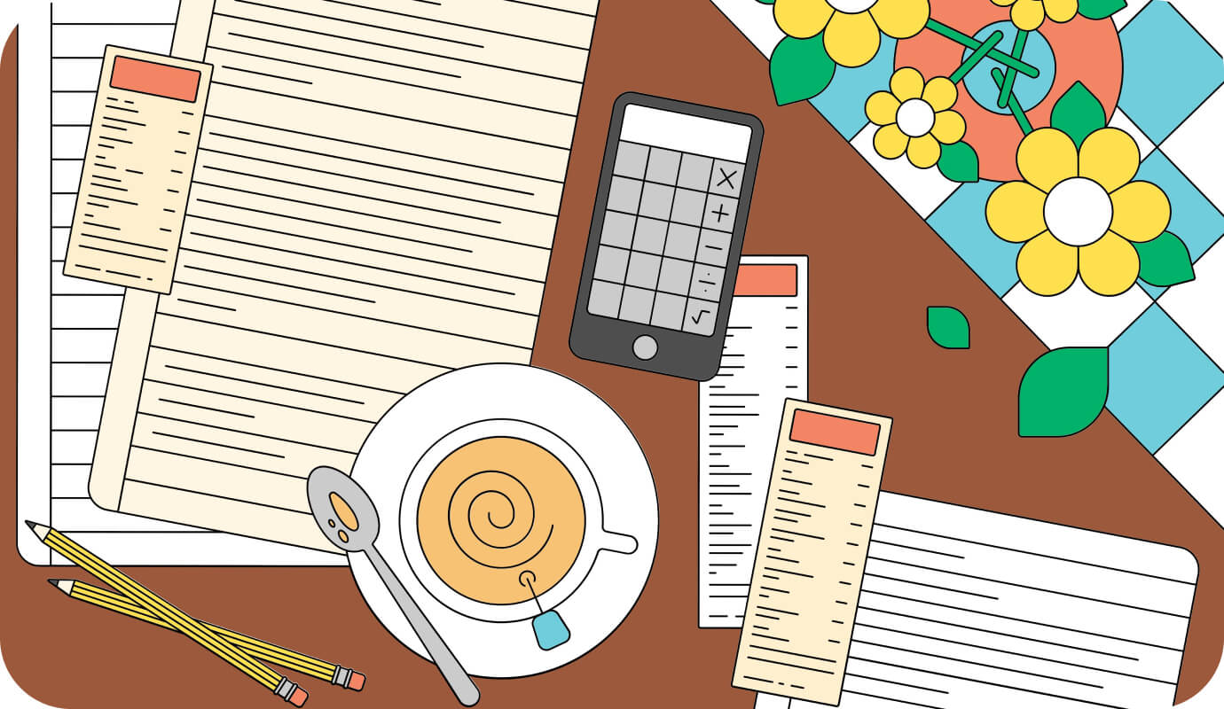 Illustration of receipts, calculator, tea, and tax documents, all the things you need to get you through this tax season. This article goes over the six keys to ensure you're ready for tax season.