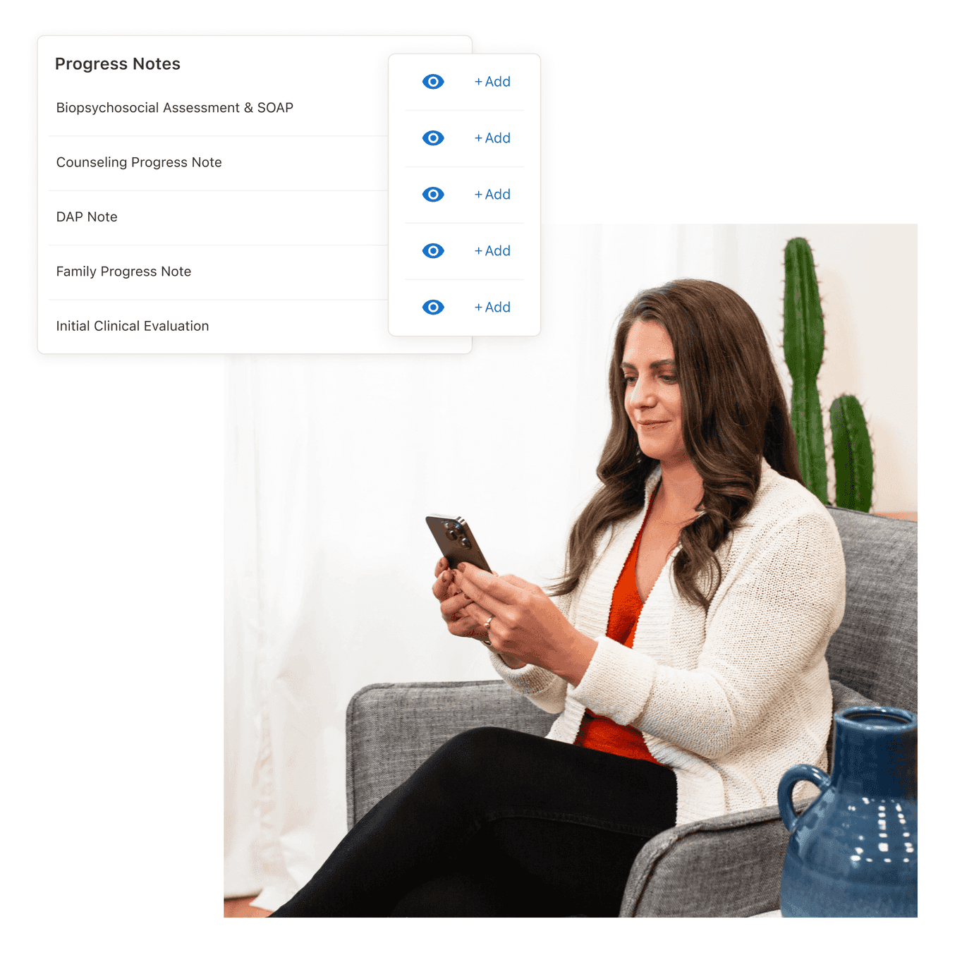 practitioner using our therapy notes software on her mobile phone