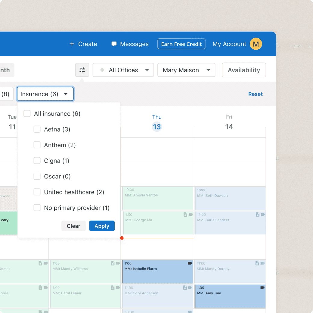 filtering calendar on practice management software by insurance type