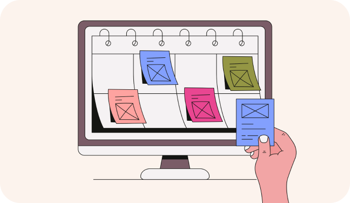 An illustration of a person's hand using sticky notes on their computer monitor to update their calendar.