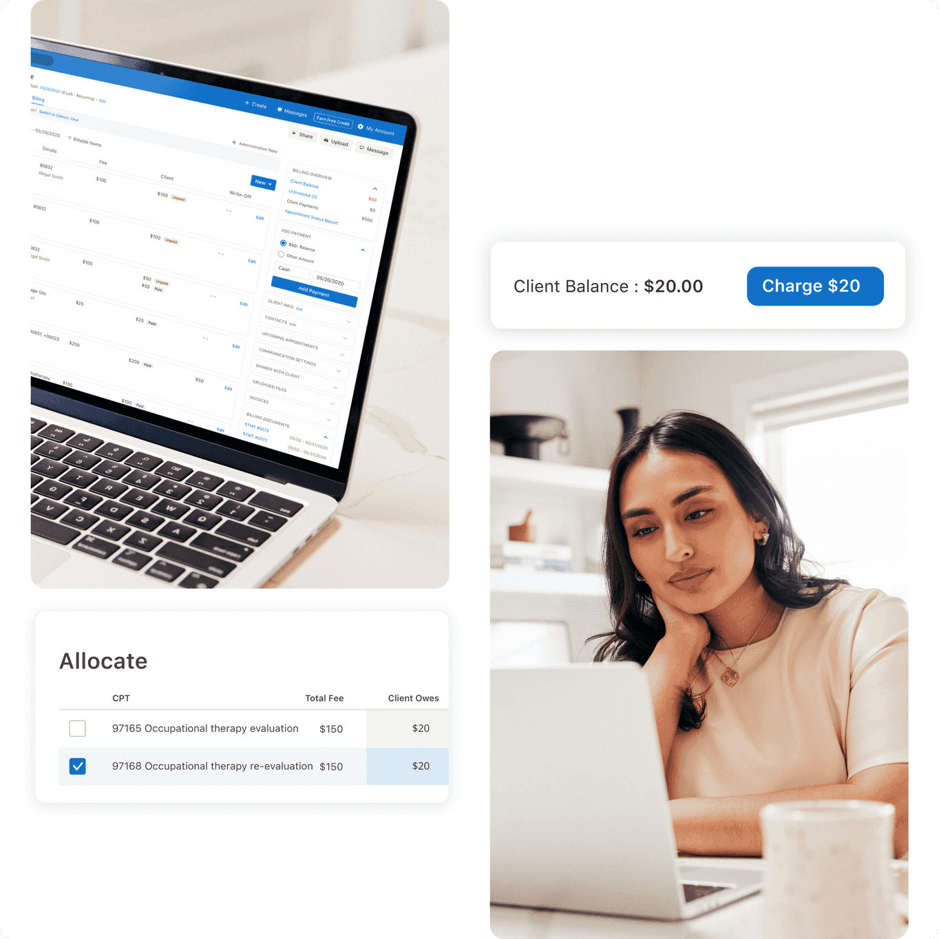 woman allocating client payment in billing software for occupational therapists