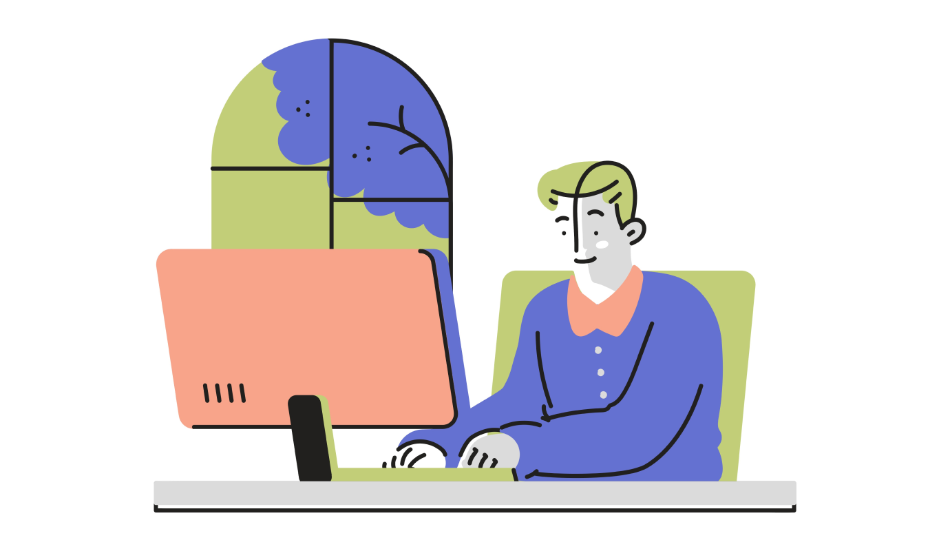 An illustration of a therapist working at a computer wondering how to write a therapist bio