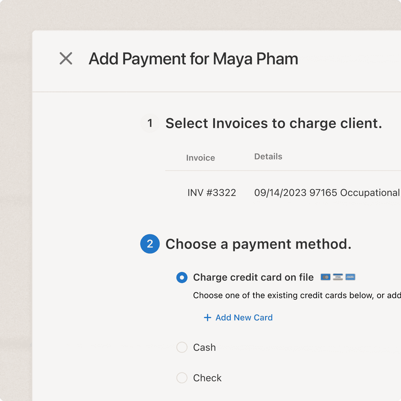 screenshot of adding payment in billing software for occupational therapists