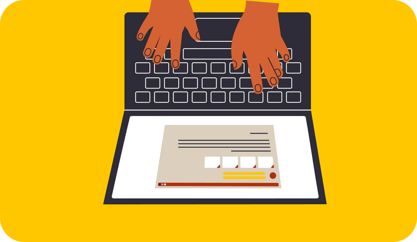 An illustration of a therapist's hands on the keyboard of a laptop as they view paperless intake forms they will use with their client.