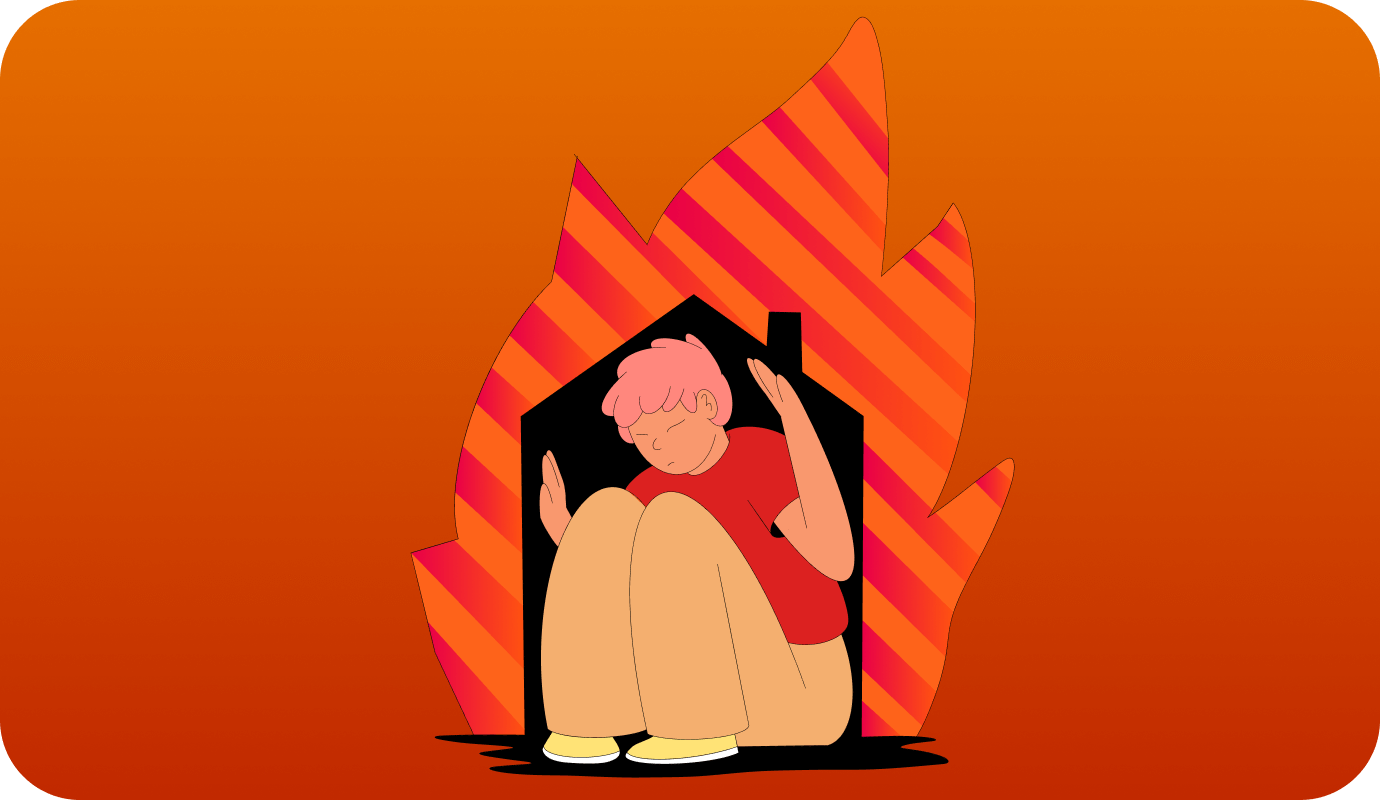 An illustration of a figure with a home in flames to demonstrate therapists and clients needing this list of fire recovery resources