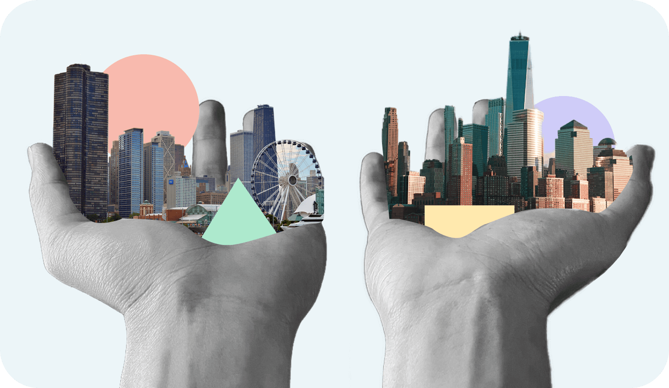 A collage image showing two hands held up with the palms containing the buildings of two different US cities in different states where therapists could get licensed