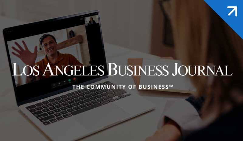 LA Business Journal logo superimposed over image of clinician using telehealth feature on SimplePractice