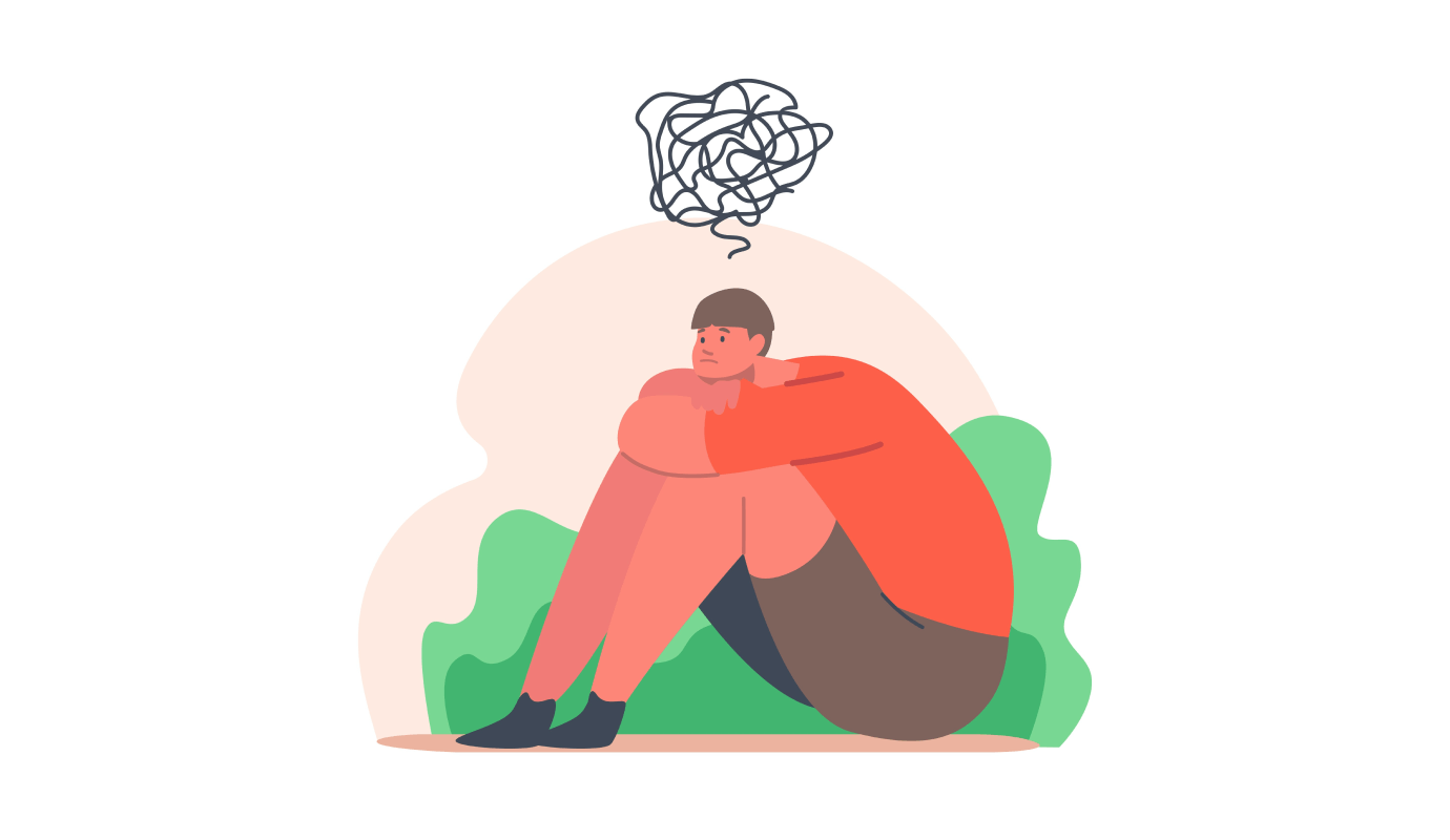 An illustration of a person thinking about a swirl of thoughts around narrative therapy techniques