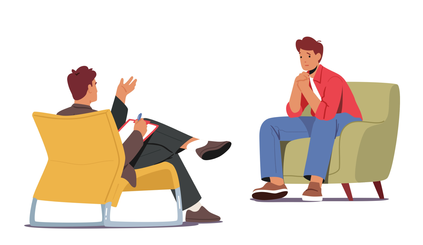 An illustration of a therapist sitting in a chair talking with a client sitting in another chair and wondering what is hurting their therapeutic alliance.