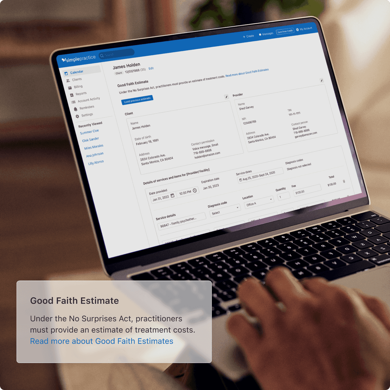 practitioner viewing Good Faith Estimate for client in occupational therapy notes software